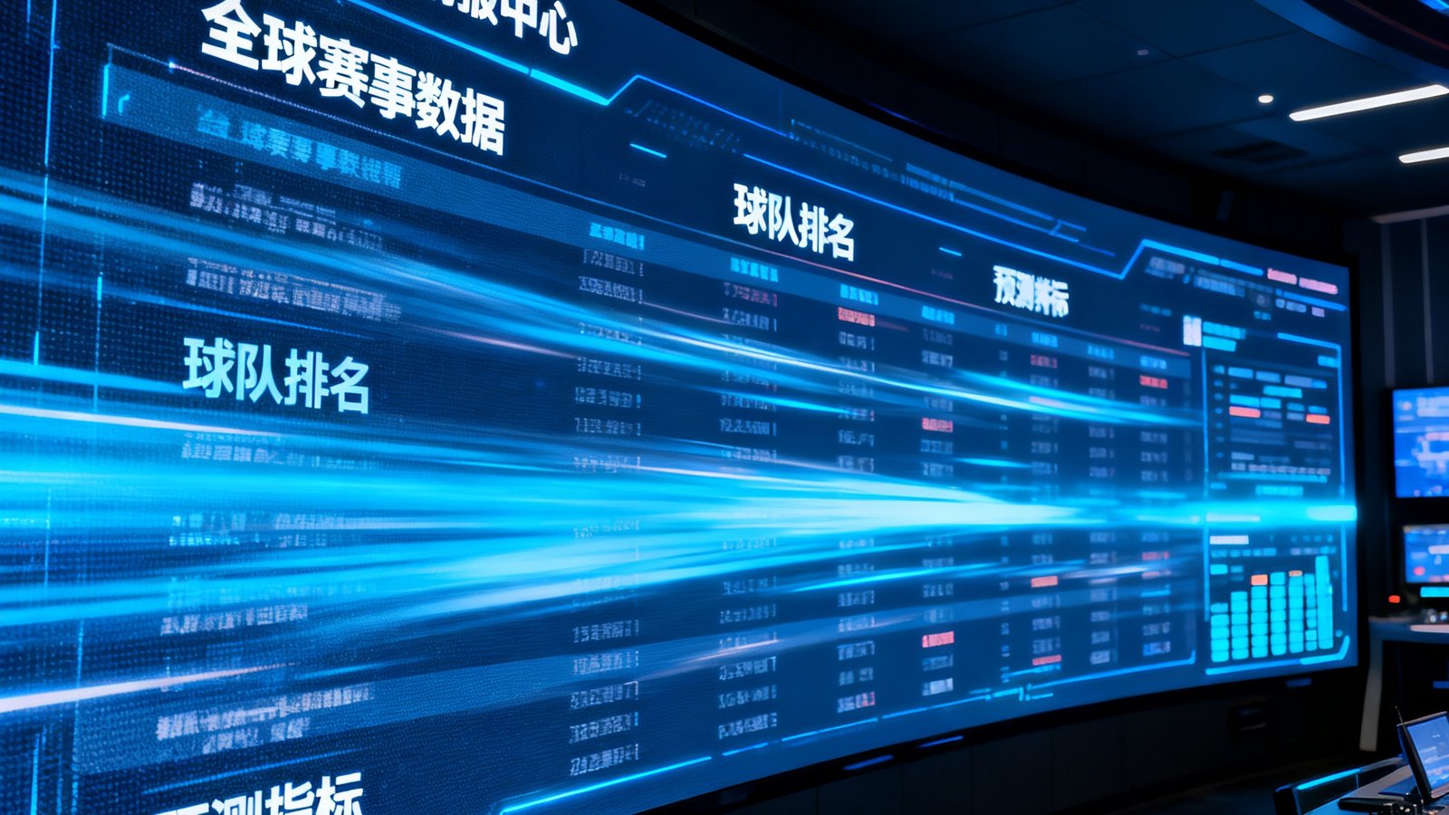 MK体育数据情报中心大型显示屏上实时滚动全球赛事数据、球队排名和预测指标，屏幕散发着科技蓝光，背景为深色控制室环境。